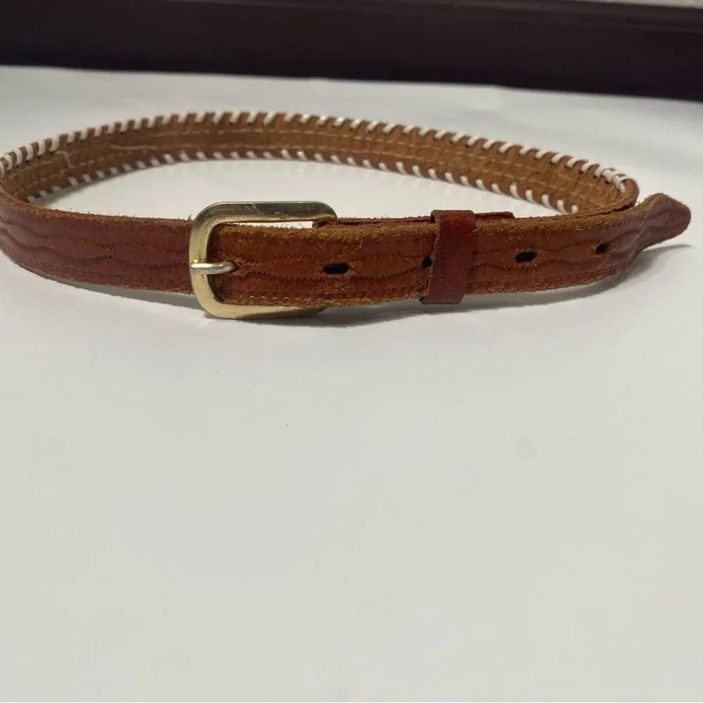 Vintage Genuine Cowhide Hand Beaded & Laced Aztec Tooled Leather Belt Size 24
